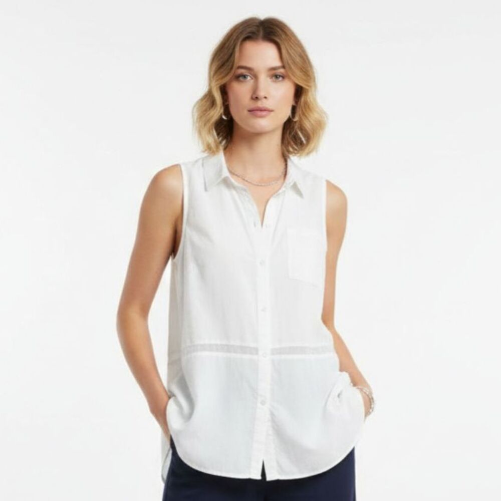 Go Silk 100% Silk White Sleeveless Button Front Blouse Top L